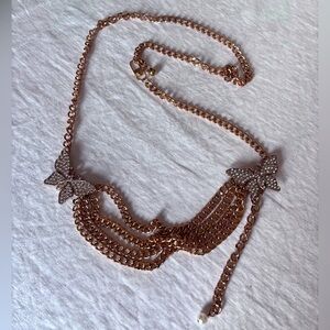 Multilayer Gold Coloured Metal Waist Chain/Belt With Rhinestone Butterfly Accent